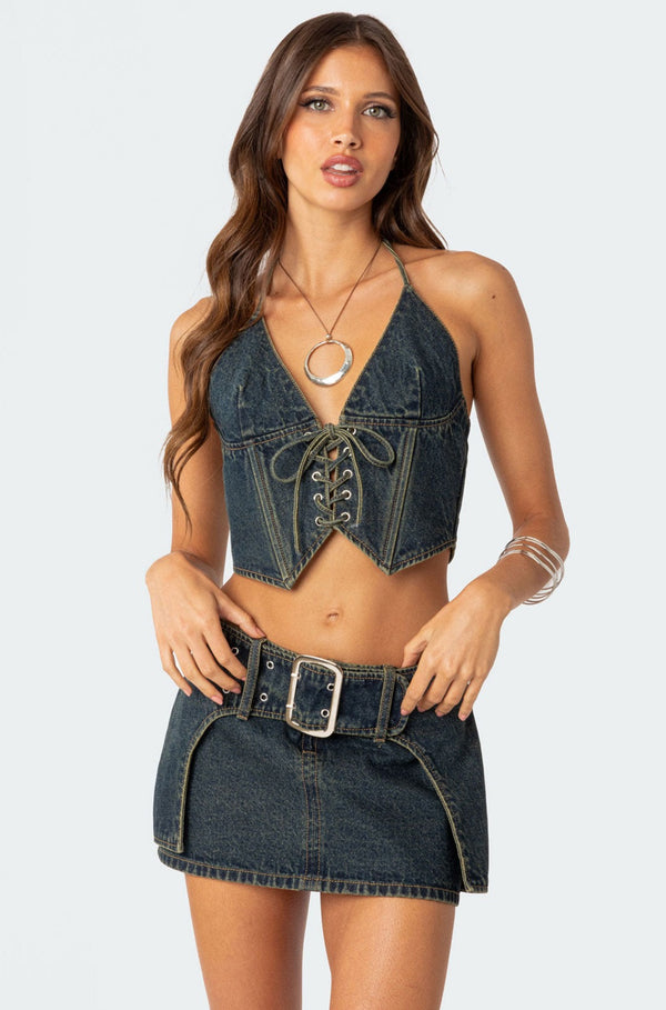 Elara Washed Denim Lace Up Corset view 1