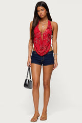 Beaded Chiffon Backless Cowl Neck Top