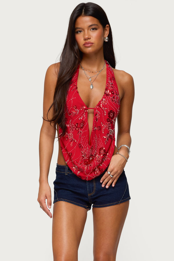 Beaded Chiffon Backless Cowl Neck Top view 1