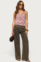 Printed Halter Chain Cowl Neck Top