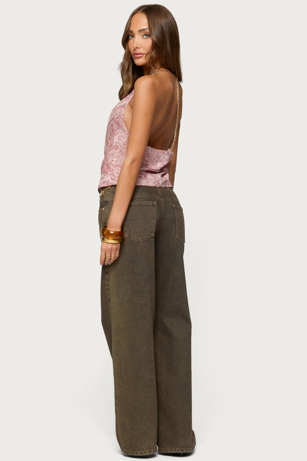 Printed Halter Chain Cowl Neck Top view 2
