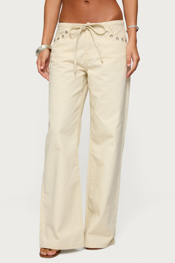 Grommet Tie Waist Low Rise Baggy Jeans view 2