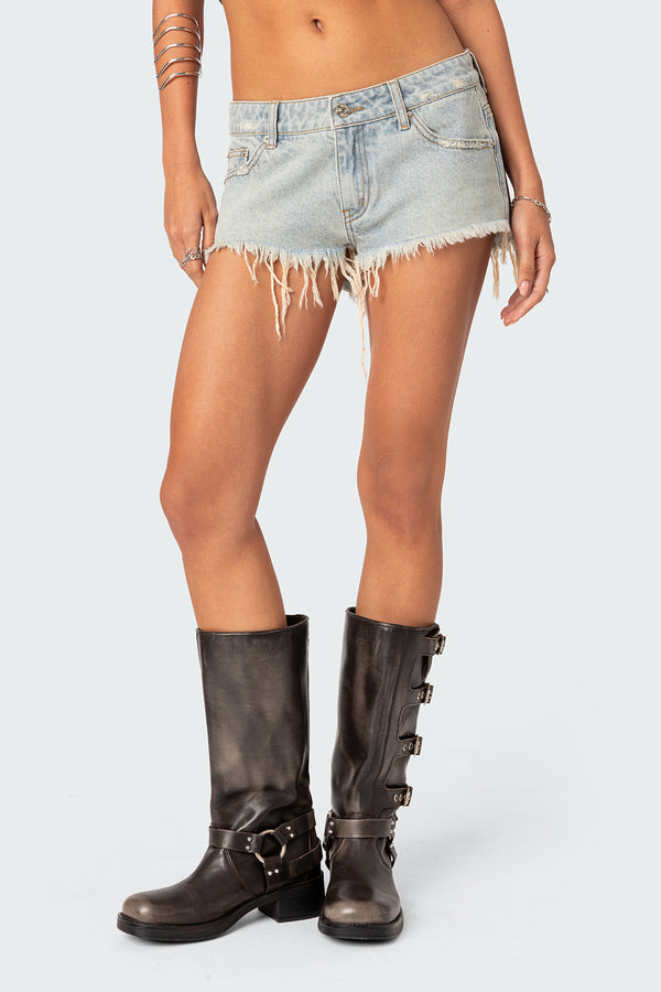 Frayed Vintage Washed Denim Shorts view 2