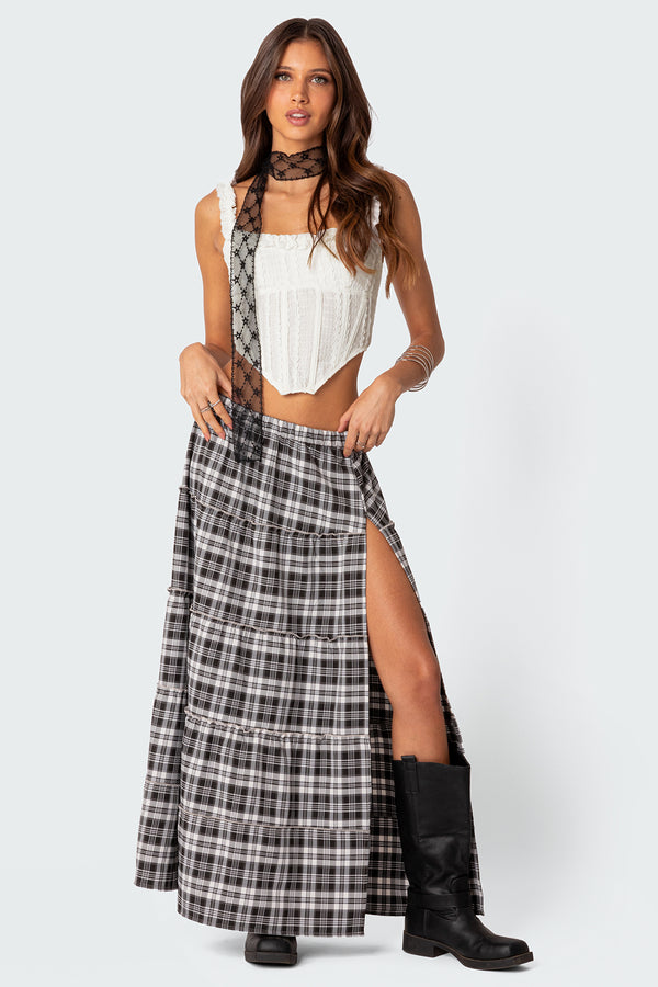Plaid Side Slit Tiered Maxi Skirt view 1