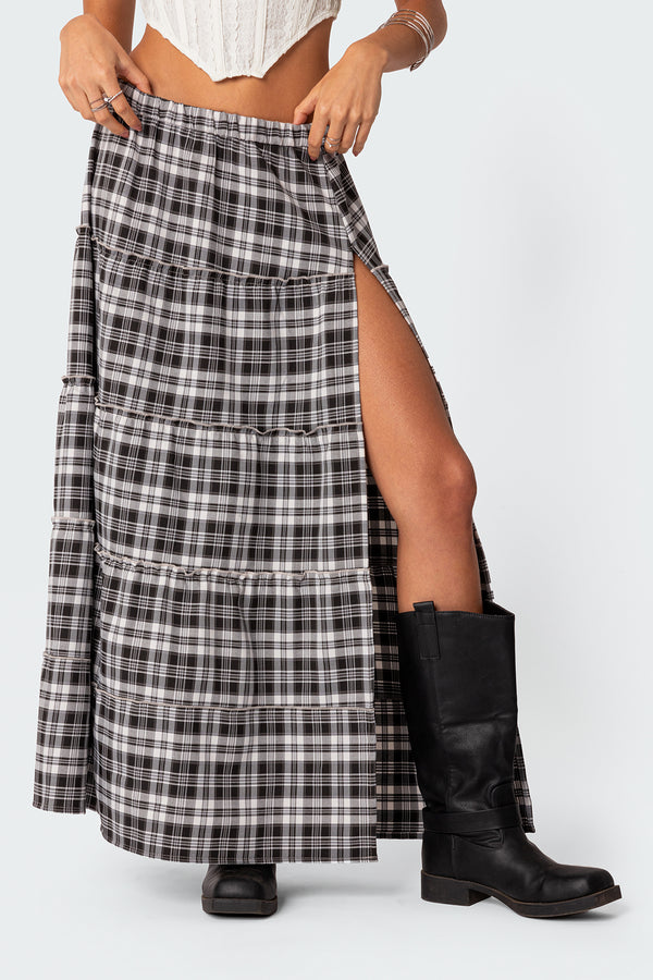 Plaid Side Slit Tiered Maxi Skirt view 2