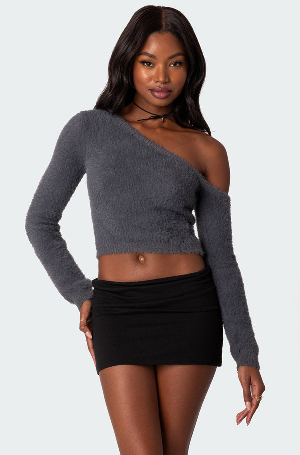 Frannie One Shoulder Fuzzy Knit Top view 1