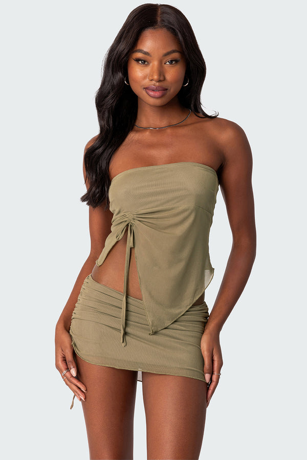 Joy Asymmetric Sheer Mesh Tube Top view 1