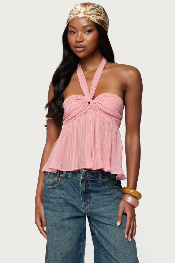 Pleated Chiffon Babydoll Halter Top view 1