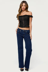 Jordana Ruffle Eyelet Off Shoulder Top