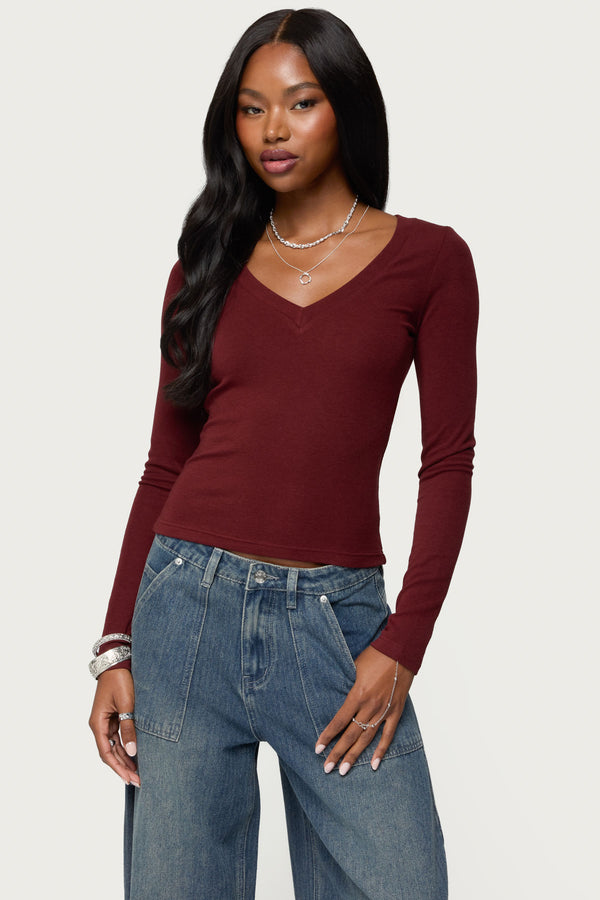 Larna V Neck Ribbed T Shirt view 1