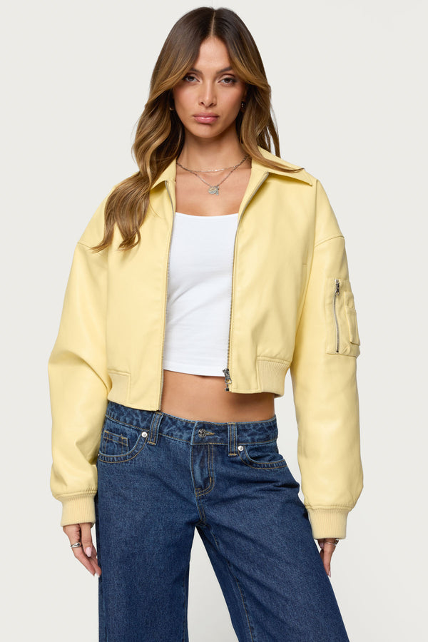 Zayna Cropped Faux Leather Bomber Jacket view 1