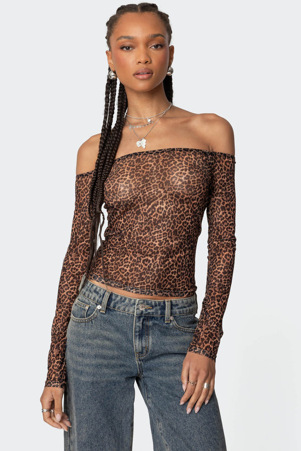 Leopard Sheer Mesh Off Shoulder Top view 1