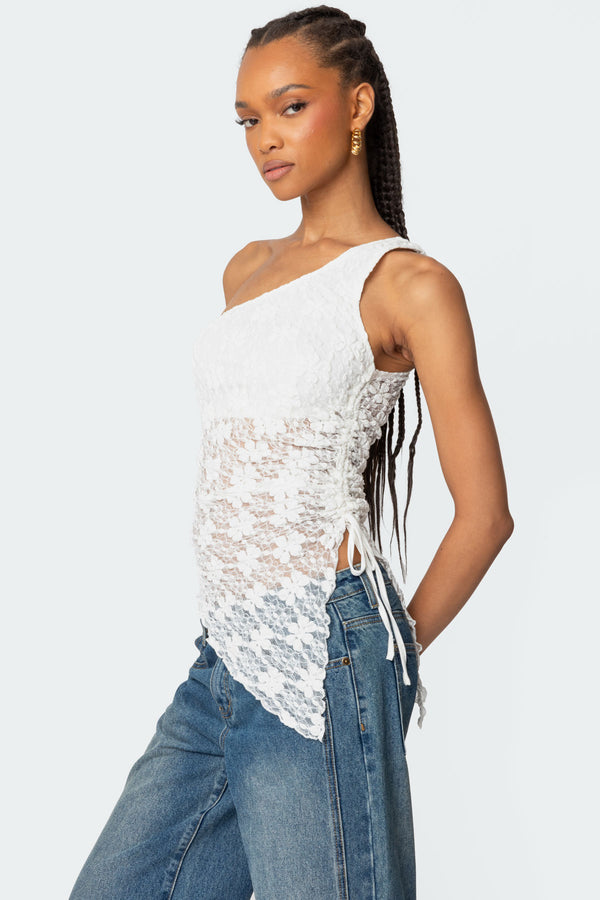 Lacey Sheer Asymmetric Drawstring Top view 2