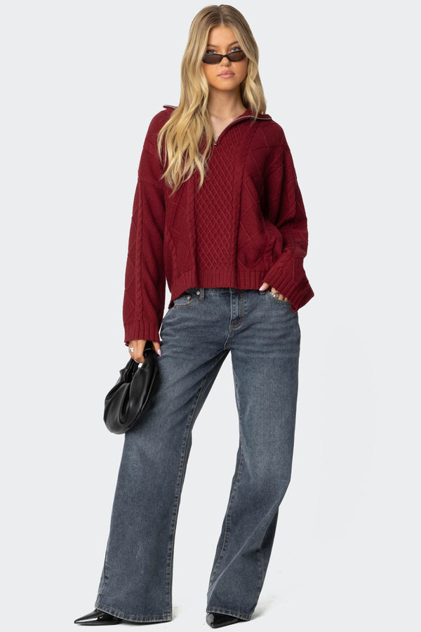 Oversized Quarter Zip Cable Knit Sweater view 2