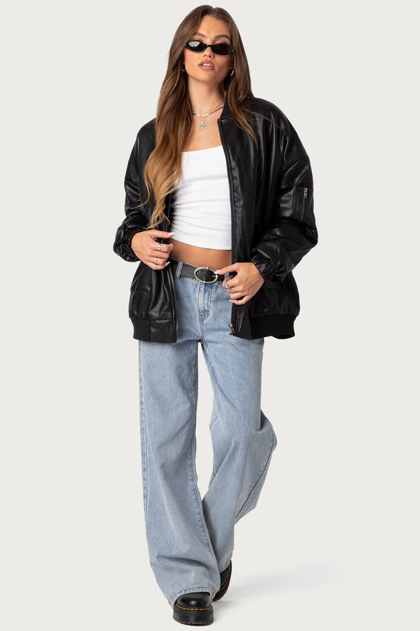 Faux Leather Oversized Bomber Jacket view 2