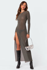 Glitter Mesh Slitted Maxi Dress
