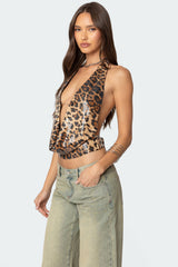 Sequin Leopard Printed Cowl Neck Top