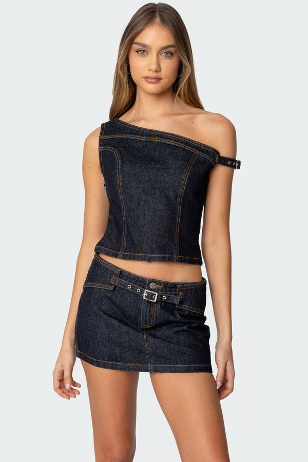 Keira Buckled Asymmetric Denim Top view 1
