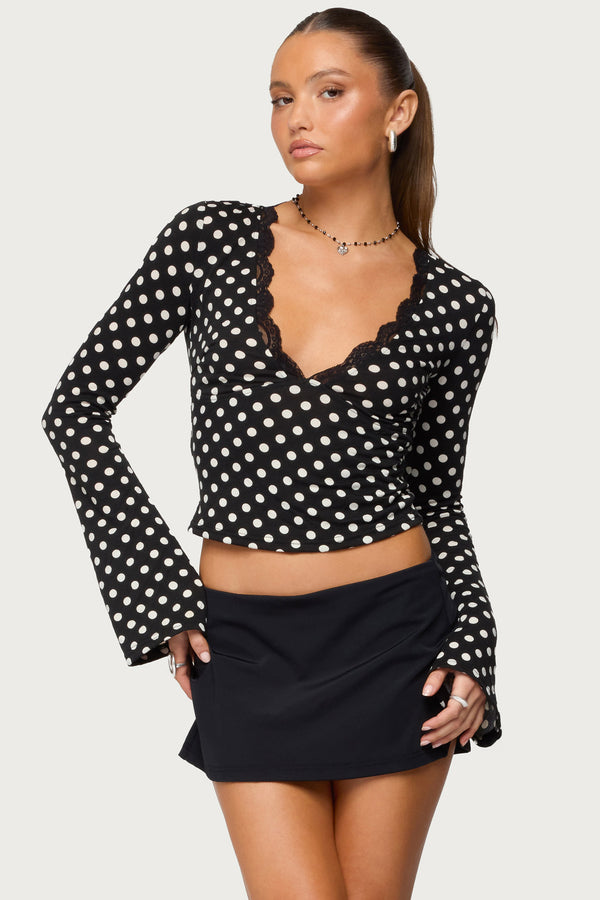 Polka Dot Lacey Plunge Neck Top view 1