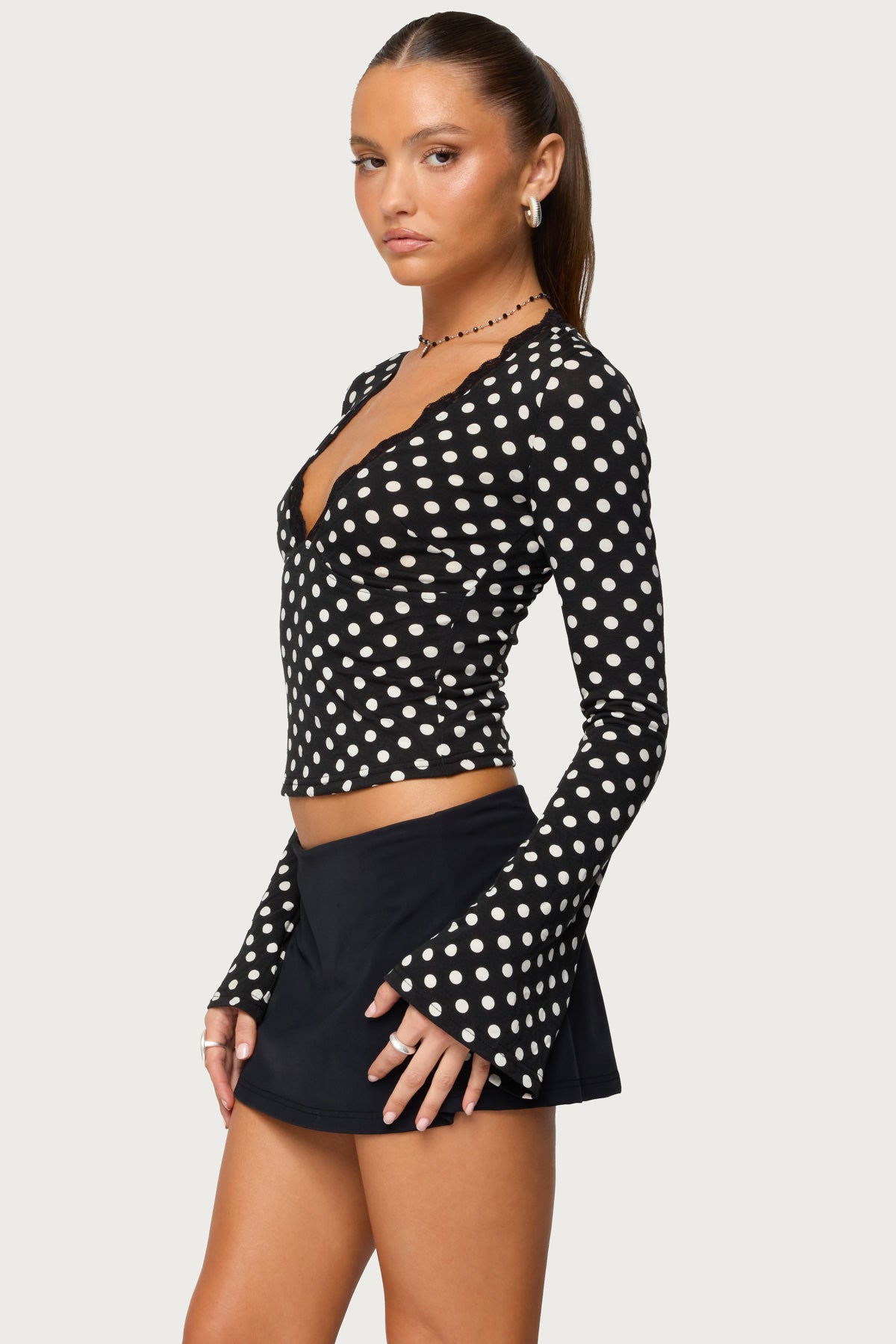 Polka Dot Lacey Plunge Neck Top