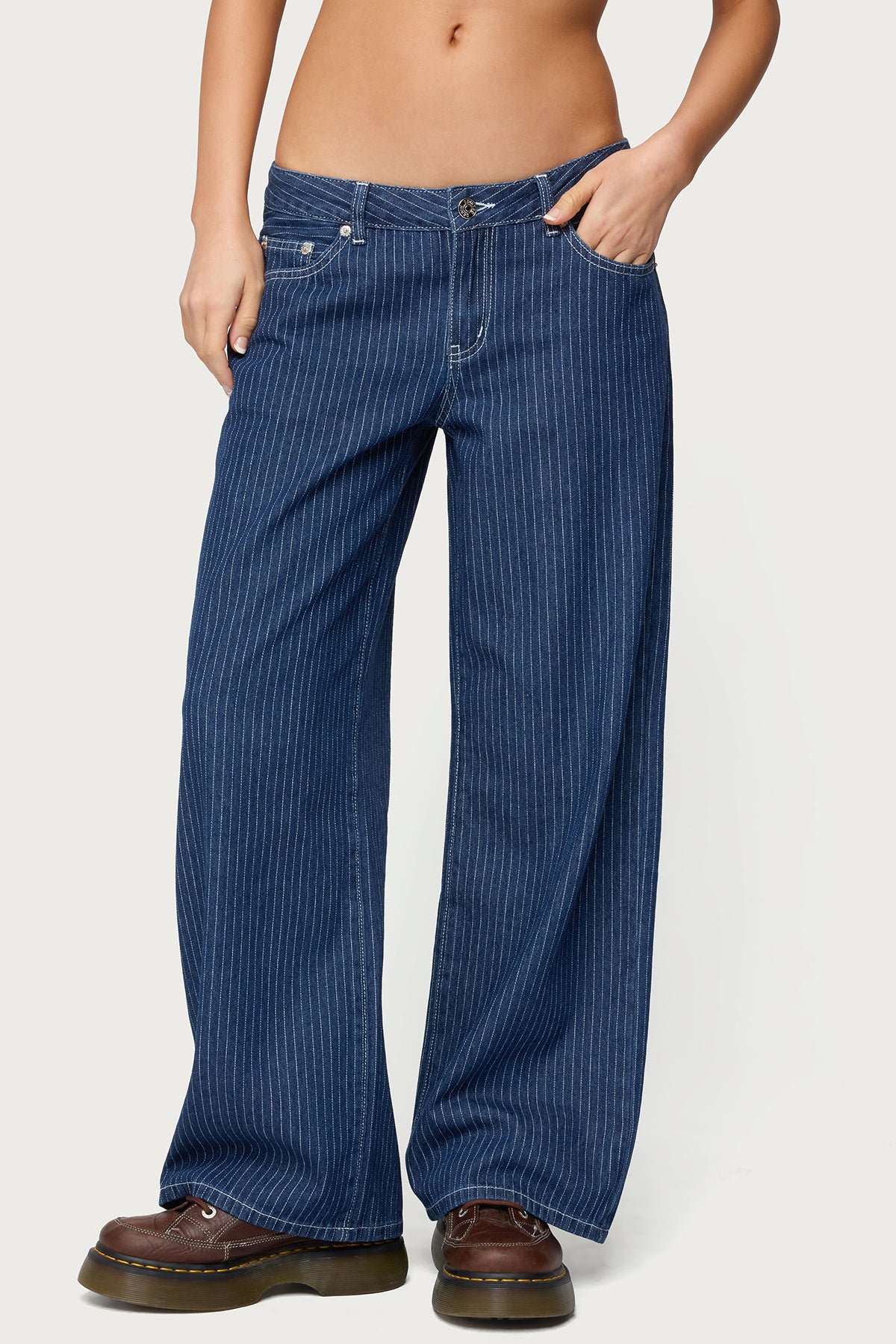 Petite Pinstripe Low Rise Baggy Jeans