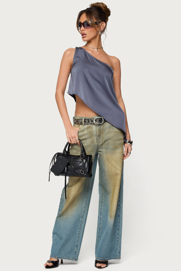 Asymmetric Satin Effect One Shoulder Top view 2