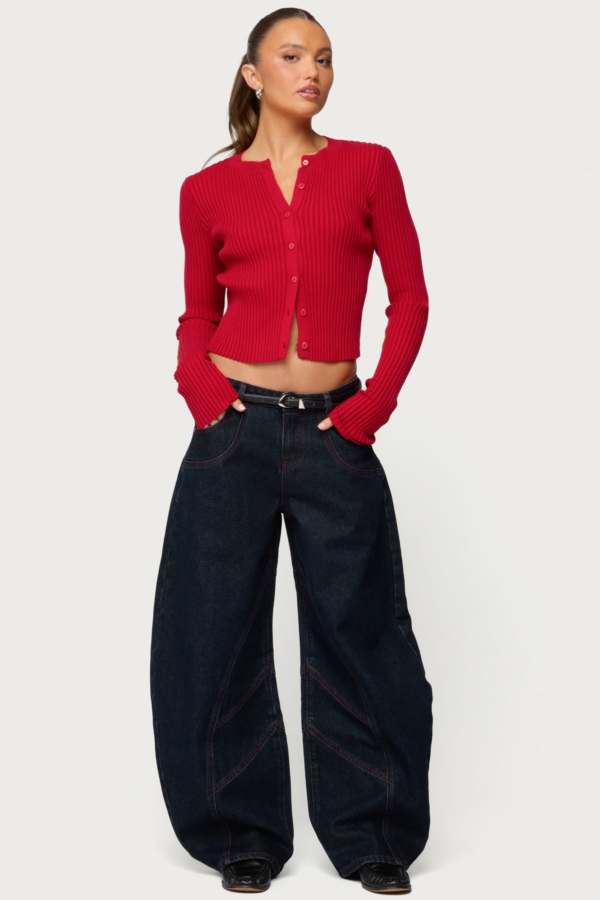 Double Pocket Low Rise Barrel Leg Jeans