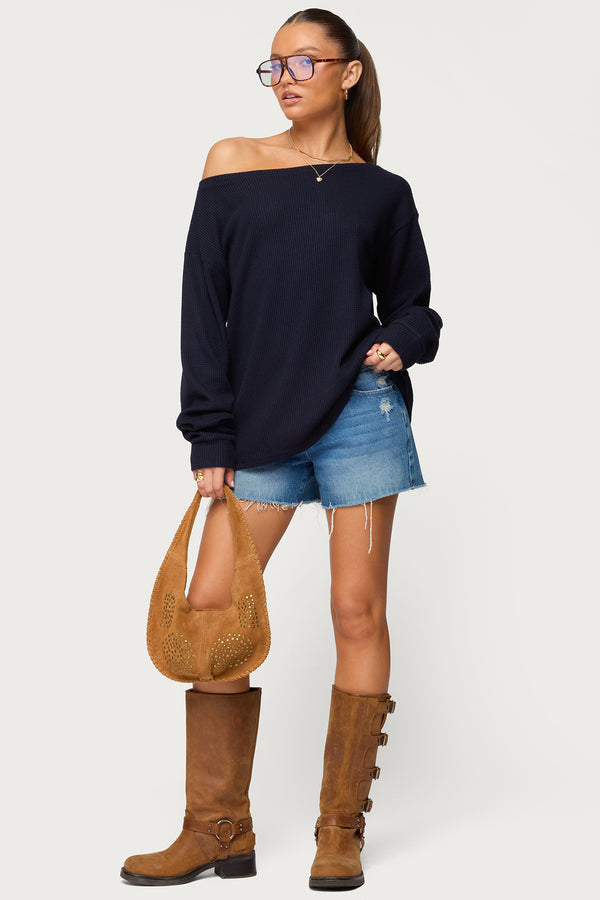 Damari Off Shoulder Oversized Waffle Top view 2
