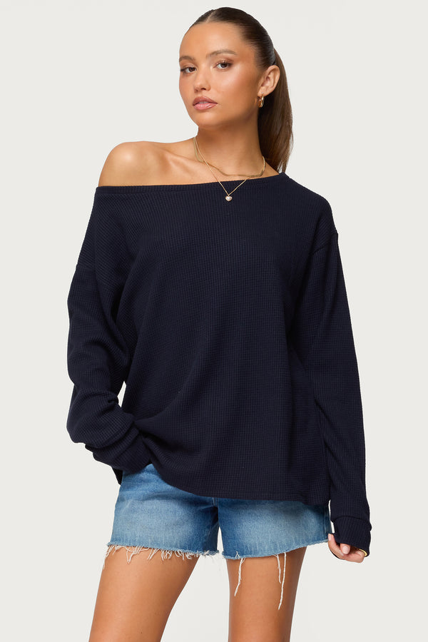 Damari Off Shoulder Oversized Waffle Top view 1