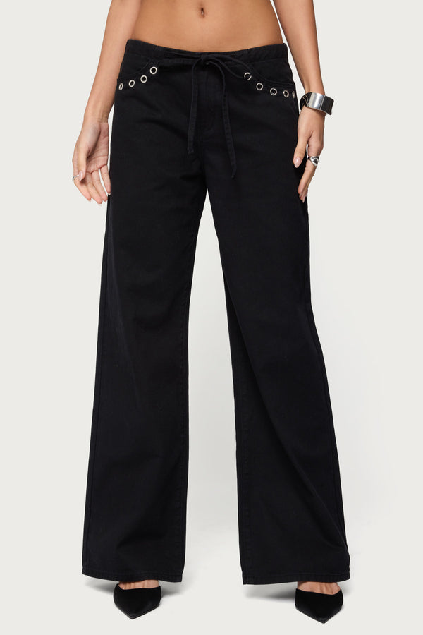 Grommet Tie Waist Low Rise Baggy Jeans view 2
