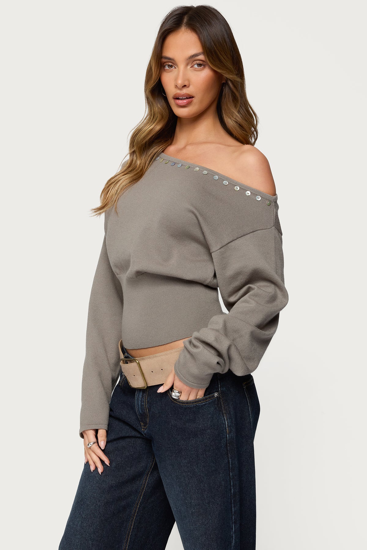 Carmela Iridescent Button Off Shoulder Sweater