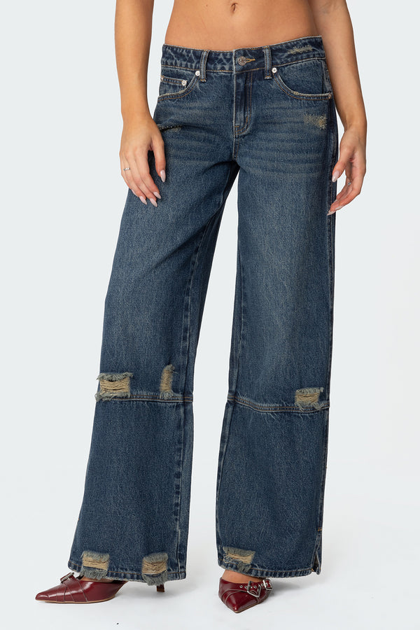 Slitted Distressed Low Rise Baggy Jeans view 2