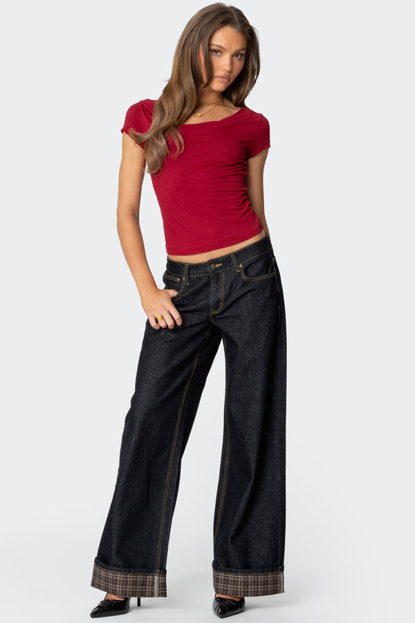 Plaid Cuffed Low Rise Baggy Jeans view 1