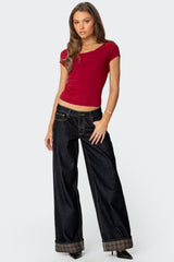 Plaid Cuffed Low Rise Baggy Jeans