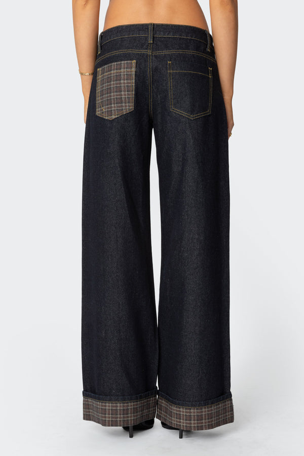 Plaid Cuffed Low Rise Baggy Jeans view 2