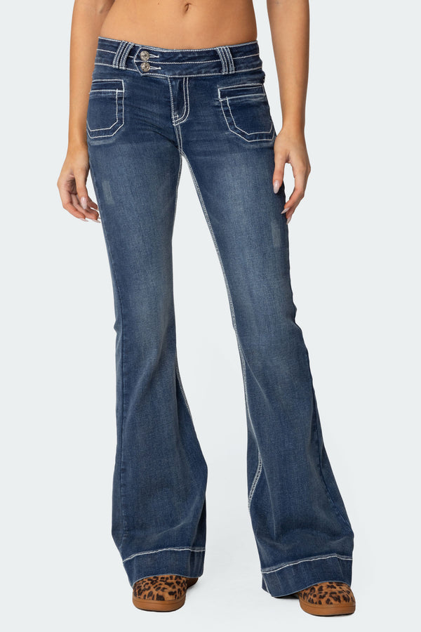 Contrast Stitch Low Rise Flared Jeans view 2