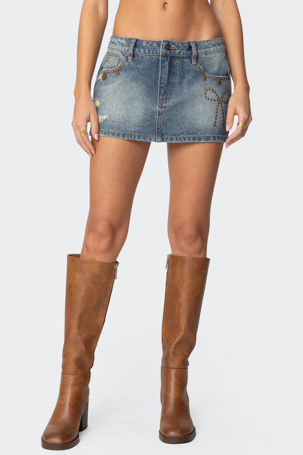 Studded Bow Distressed Denim Mini Skirt view 1