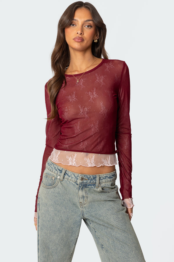 Lacey Sheer Mesh Crew Neck Top view 1