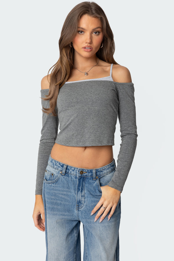 Off Shoulder Layered Long Sleeve T Shirt view 1