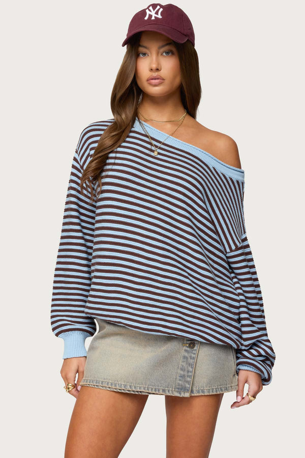 Averi Striped Oversized Off Shoulder Sweater view 1