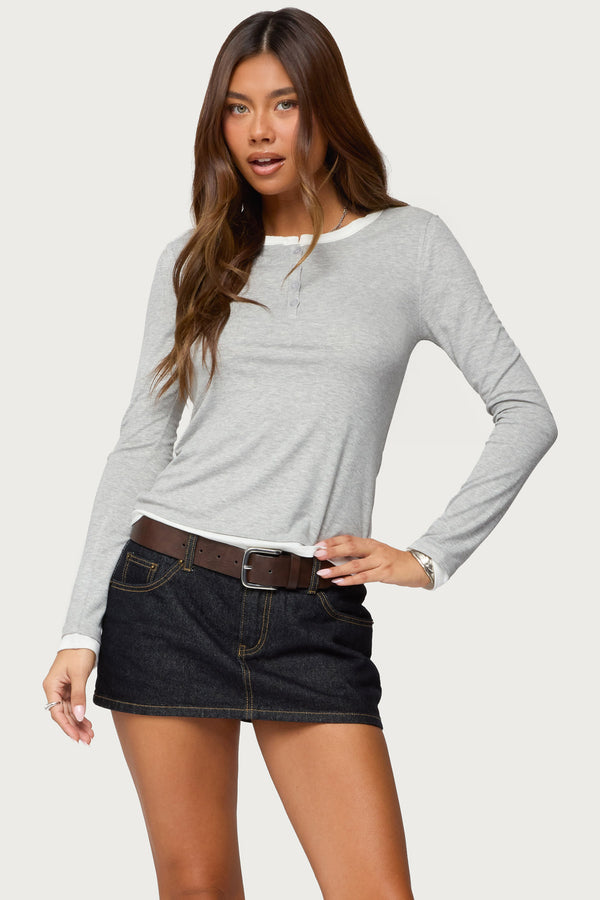 Contrast Layered Look Henley Top view 1