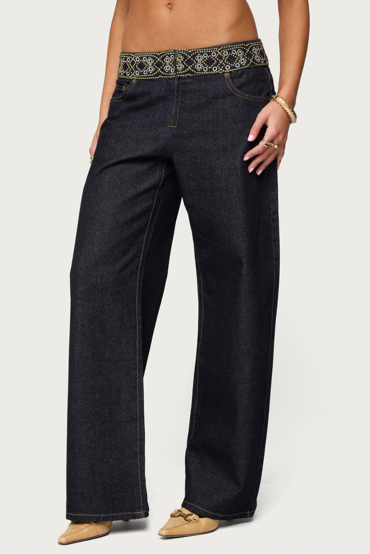 Carlie Embroidered Low Rise Wide Leg Jeans
