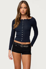 Cameo Boat Neck Button Up Top