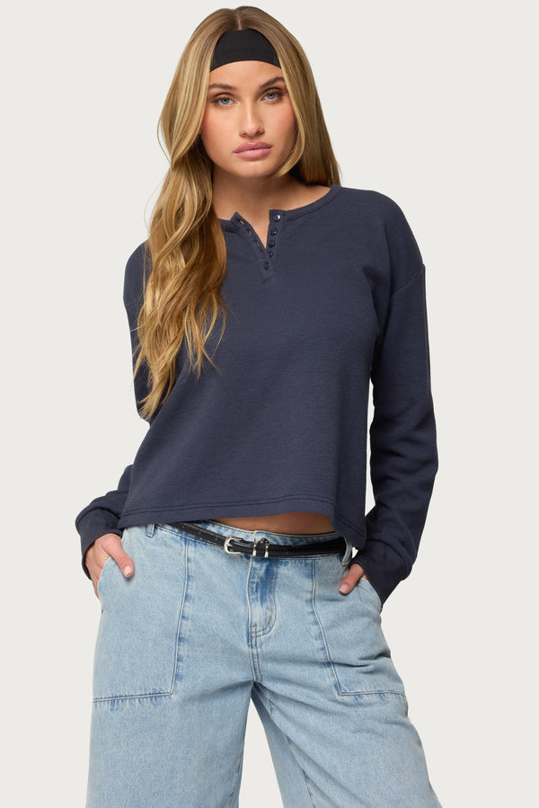 Deni Long Sleeve Henley Waffle Top view 1