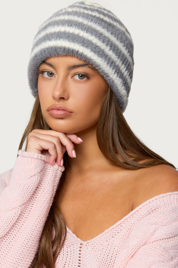 Striped Fuzzy Knit Beanie view 1
