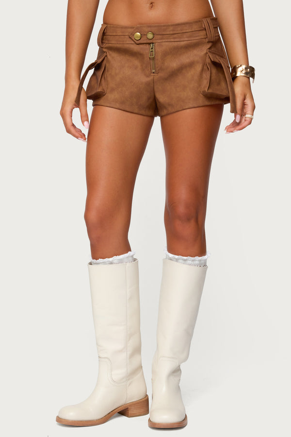Washed Faux Leather Micro Cargo Shorts view 2