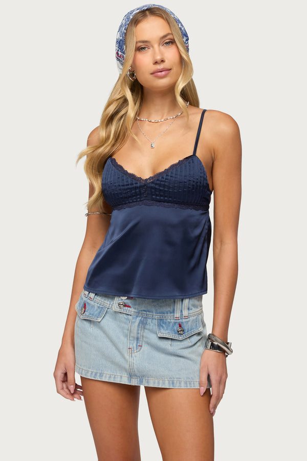 Blanca Satin Effect Lace Trim Tank Top view 1