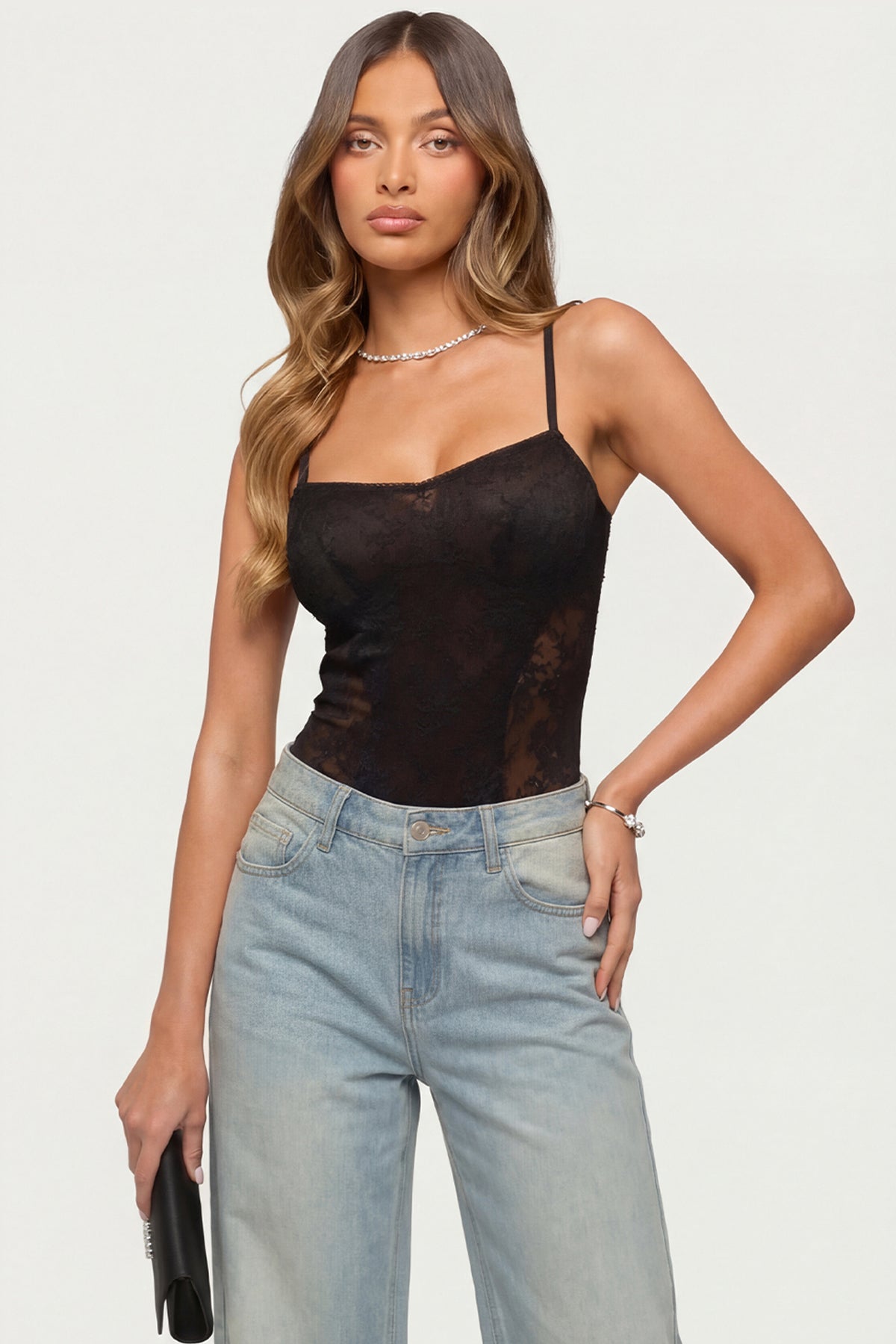 Carinna Sheer Lace Cutout Bodysuit