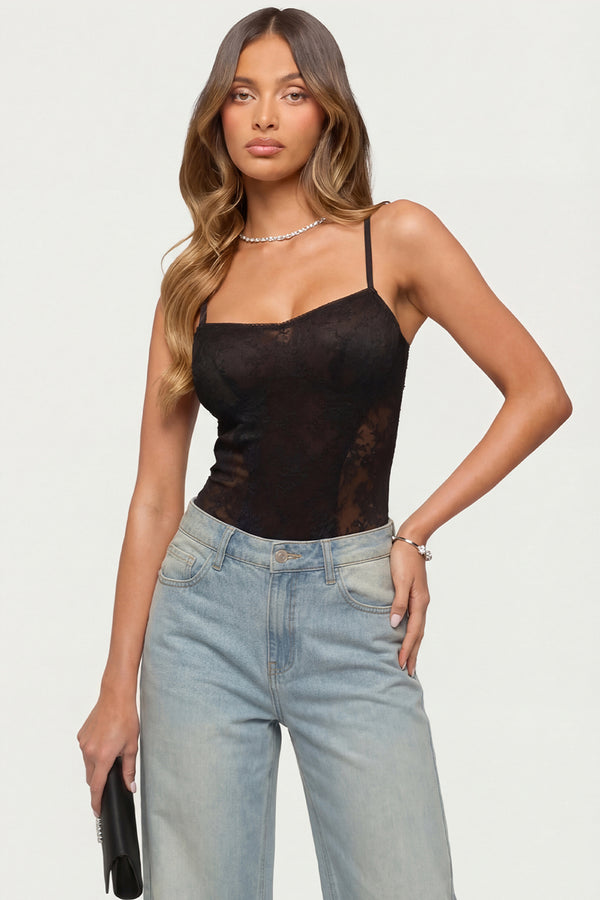 Carinna Sheer Lace Cutout Bodysuit view 1