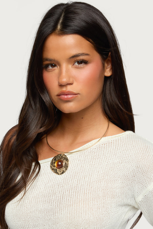 Textured Pendant & Stone Necklace view 1